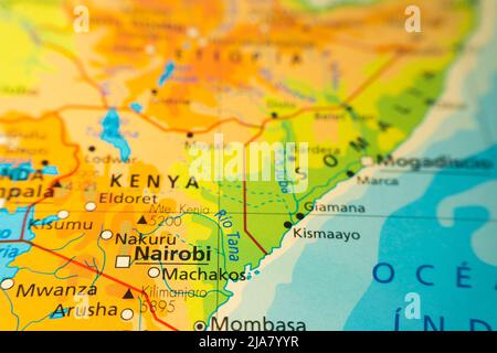 Orographic map of Kenya in Africa, with Kilimanjaro and Mount Kenya. With references in Spanish. Concept of cartography, tourism, geography. Different Stock Photo