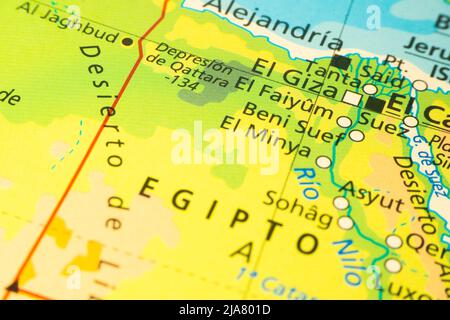 Orographic map of Egypt. With references in spanish. Concept of cartography, travel, tourism, geography. Differential approach Stock Photo