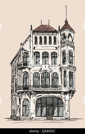 Hand sketch on a beige background.Old brick house with a tiled roof in European style. Stock Vector