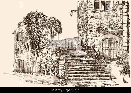 Hand sketch on a beige background. Old town street with stone stairs and brick houses. Stock Vector