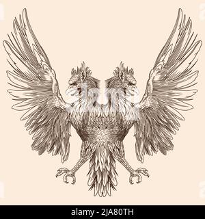 Two-headed eagle with outstretched wings. Heraldic sign isolated on beige background. Stock Vector