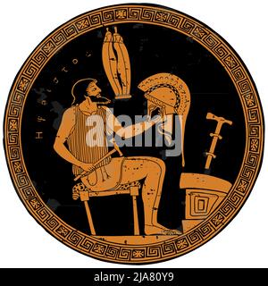 The ancient Greek god Hephaestus sits on a chair and creates a helmet for a warrior. Drawing on the bottom of a ceramic pot. Stock Vector