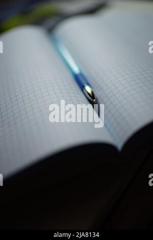Blue ballpoint pen on squared notebook paper. Stock Photo