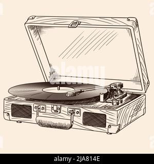 Vintage turntable with built-in speakers and vinyl record in a suitcase with a lock. Stock Vector