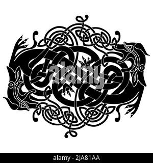 Ornament in the form of two braided dragons in the Celtic national style isolated on a white background. Stock Vector