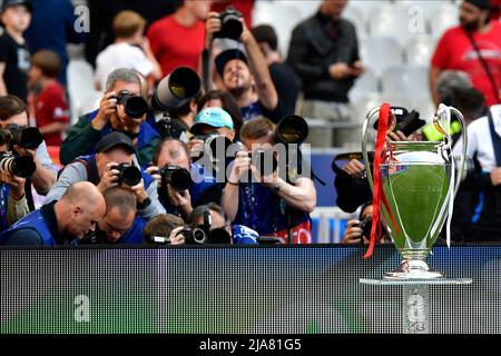 Paris, France. 28th May, 2022. The trophy, the Coupe des Clubs Champions Europeens, seen before the UEFA Champions League final between Liverpool and Real Madrid at the Stade de France in Paris. (Photo Credit: Gonzales Photo/Alamy Live News Stock Photo