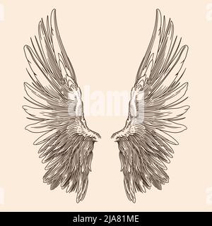 Two spread wings of an angel made of feathers isolated on a beige background. Stock Vector