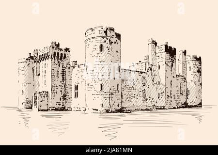 Medieval stone castle with towers and arches on the sea shore. Stock Vector