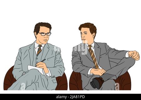 Two young male businessmen in classic suits are sitting at the conference in armchairs and talking. Stock Vector
