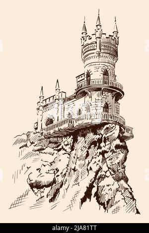 Medieval stone castle with towers and arches on a rocky cliff. Stock Vector