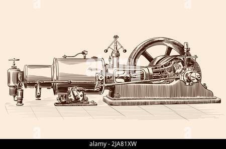 Sketch of an old steam engine with a boiler, a flywheel and a piston mechanism. Stock Vector