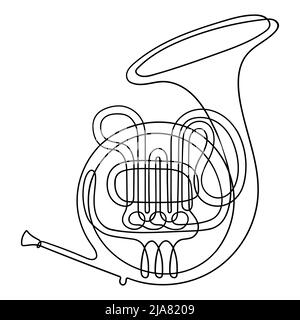 One line drawing. Musical wind instrument French horn. Stock Vector