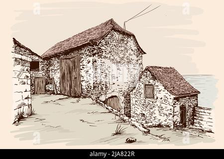 Old courtyard with stone houses overlooking the sea. Hand sketch. Stock Vector