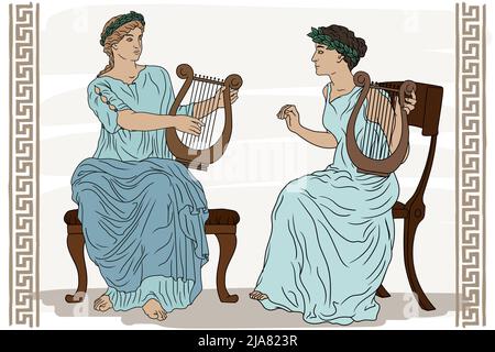 Two ancient Greek women with laurel wreaths on their heads and with harps in their hands are playing music. Stock Vector