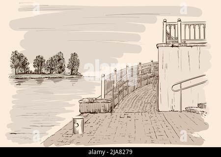 The landscape of the embankment for a tourist boat. Handmade sketch on beige background. Stock Vector