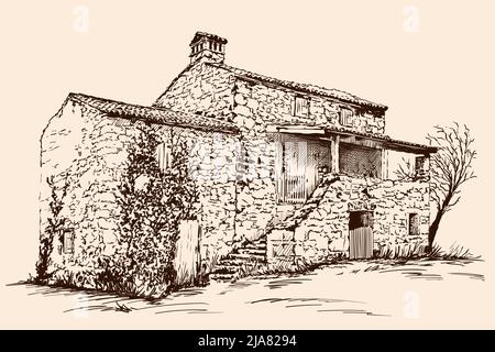 Old courtyard with stone house with a tiled roof. Hand sketch on a beige background. Stock Vector