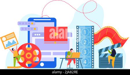 Animation and motion design flat background with team working on computer creating animated video vector illustration Stock Vector