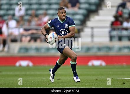 Twickenham, United Kingdom. 28th May, 2022. London HSBC world rugby sevens. Twickenham Stadium. Twickenham. Kaleem Barreto (Scotland) during the Pool D game between England and Scotland in the London HSBC world rugby sevens. Credit: Sport In Pictures/Alamy Live News Stock Photo