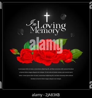 Realistic black in loving memory funeral poster with red roses and editable text vector illustration Stock Vector