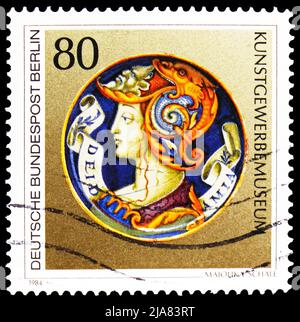 MOSCOW, RUSSIA - MAY 14, 2022: Postage stamp printed in Germany shows Majolica bowl (Museum of Decorative Arts), Art treasures in Berlin museums serie Stock Photo