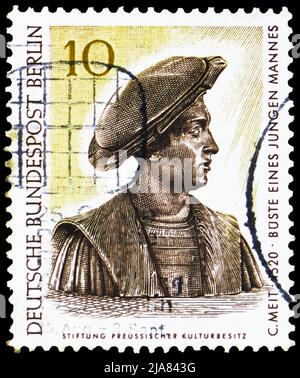 MOSCOW, RUSSIA - MAY 14, 2022: Postage stamp printed in Germany shows Bust of a Young Man; miniature, Art treasures in Berlin museums serie, circa 198 Stock Photo