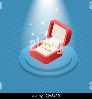 Jewelry ring gift on podium isometric composition gold ring with diamond in red velvet box vector illustration Stock Vector