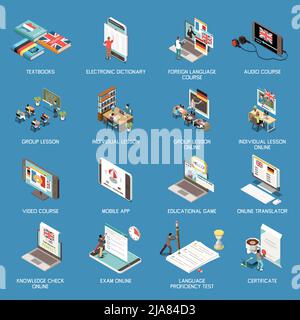 Online individual group lesson foreign language learning courses isometric set with apps textbooks teachers and students isolated on blue background 3 Stock Vector
