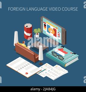 Isometric foreign language video course composition with 3d images of smartphone notebook textbook and human character at home 3d vector illustration Stock Vector