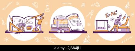 School education subject design icon set with books for learning tools for plotting and scientific experiments vector illustration Stock Vector
