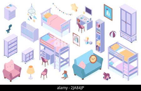 Isometric children room interior furniture set with bed desk shelving unit chest of drawers cot toys lamp wardrobe isolated on white background 3d vec Stock Vector