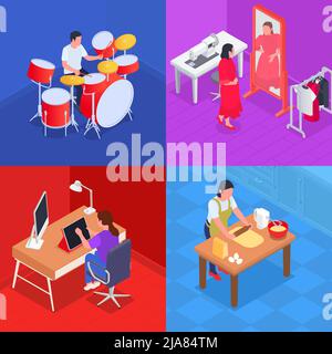 Isometric hobby 2x2 set with people spending their leisure time doing different activities 3d isolated vector illustration Stock Vector