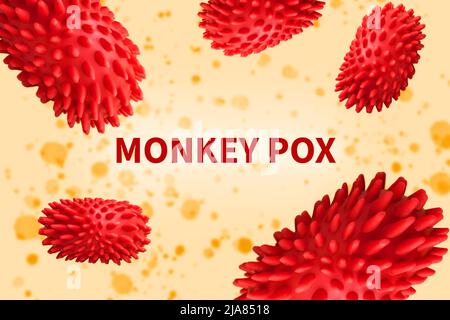 Monkeypox outbreak concept, zoonotic disease. Virus transmitted to humans from animals and other humans. Smallpox virus abstract model Stock Photo