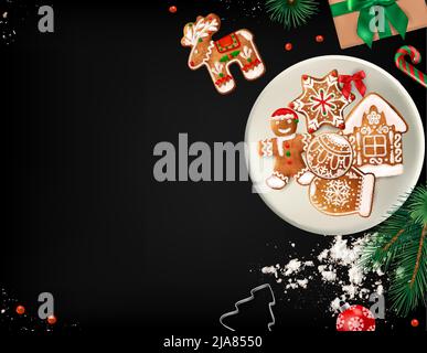 Realistic christmas blackboard composition with christmas gingerbread cookies lying on the plate vector illustration Stock Vector