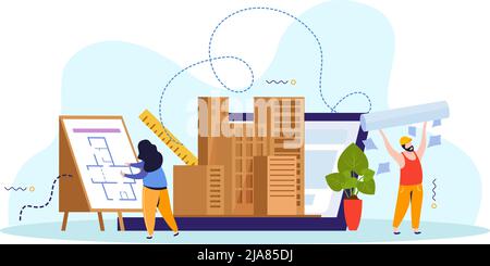 Flat colored architect composition woman architect in front of her layout and next to her attributes to create the project and present it to the clien Stock Vector