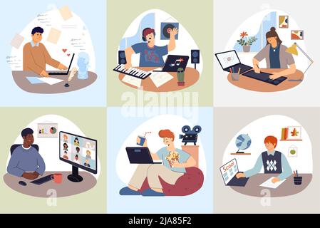 Computer people set of square compositions with doodle human characters using computers for different occupation purposes vector illustration Stock Vector