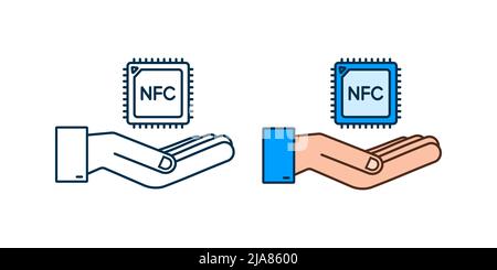 NFC processor icon with hands. NFC chip. Near field communication. Vector stock illustration. Stock Vector