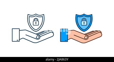 Cyber security vector logo with shield and check mark. Hands holding cyber secure sign. Internet security. Vector illustration. Stock Vector