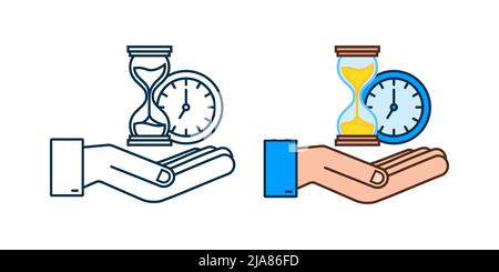 Neon hourglass. Hands holding hougglass and sandglass. Highly detailed. Antique clock with sand inside. Vector illustration. Stock Vector