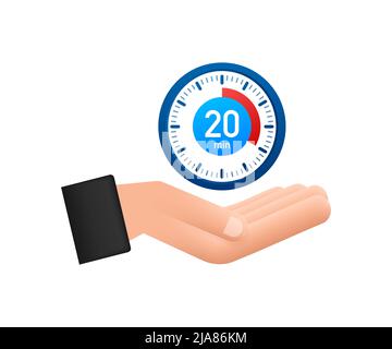 The 20 minutes, stopwatch vector hand icon. Stopwatch icon in flat style, timer on on color background. Vector illustration. Stock Vector