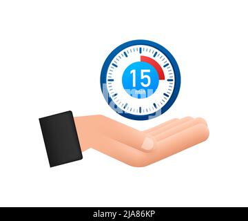 The 15 minutes, stopwatch vector hand icon. Stopwatch icon in flat style, timer on white background. Vector illustration. Stock Vector