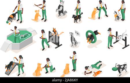Set with isolated dog school isometric recolor icons with human characters of dog trainers in uniform vector illustration Stock Vector