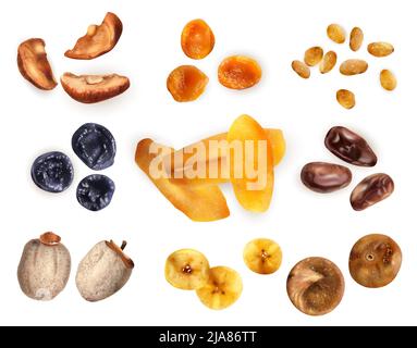 Healthy food set of dried fruits including prune fig pear apricot banana date mango realistic icons isolated vector illustration Stock Vector