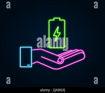 Charging neon battery with hands. Set of battery charge level indicators. Vector illustration. Stock Vector
