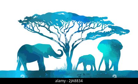 Blue silhouettes of elephants in Africa. Vector illustration Stock Vector