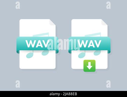 Download WAV button on laptop screen. Downloading document concept. File with WAV label and down arrow sign. Stock Vector