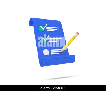 Checklist on paper 3d icon. Pencil writing on floating paper with check. Data entry symbol. Stock Photo