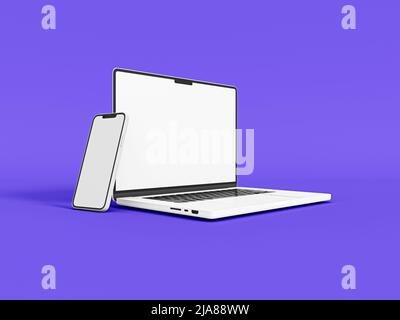 Laptop and Phone smartphone in on white background in minimal style for mockup and responsive website. Blank screen laptop computer, mobile phone 2022 Stock Photo