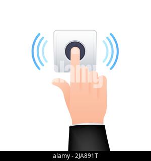 Hand push the bell button at the front door. Flat button. Flat vector illustration. Home entrance. Stock Vector