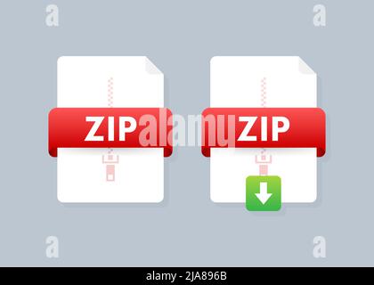 Download ZIP button on laptop screen. Downloading document concept. File with ZIP label and down arrow sign. Vector illustration. Stock Vector