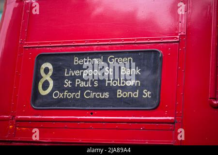 Route 8 Routemaster London Bus from Bond Street to Bethnal Green via Oxford Street, Bank, St. Paul's, Liverpool St, London, England, USA Stock Photo